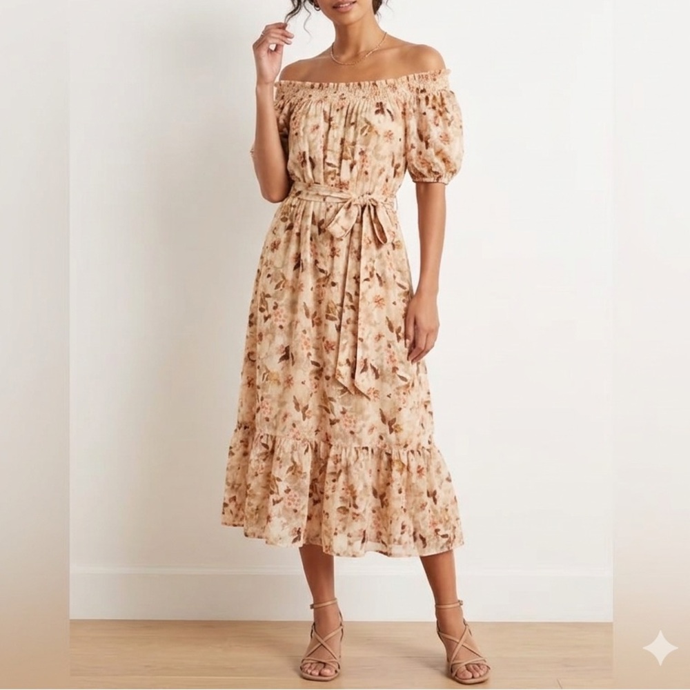 Luxology Beige Floral Maxi Dress with Puff Sleeves